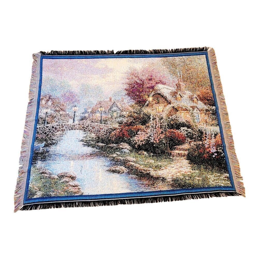 Thomas Kinkade Tapestry Throw Blanket Lamplight Bridge Painter of Light USA Made